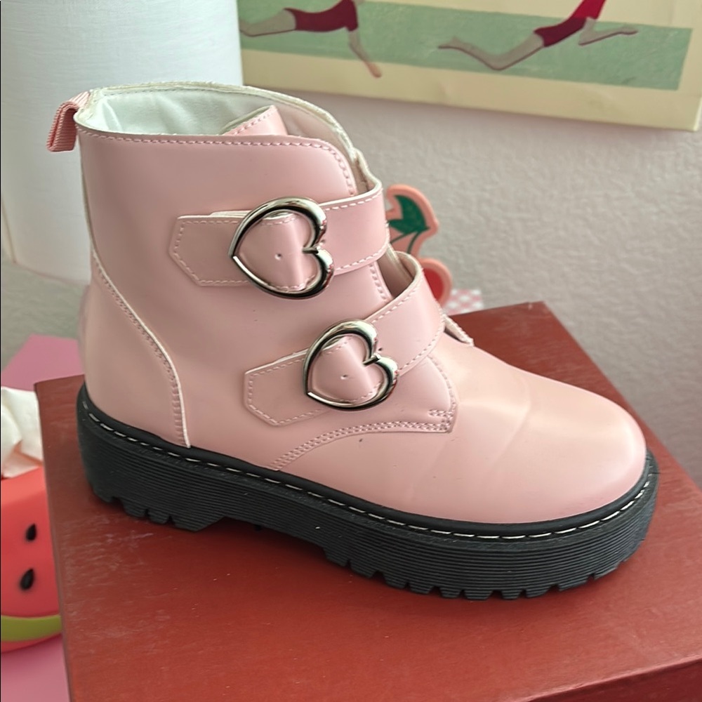 Pink Ankle Boots with Heart Buckles